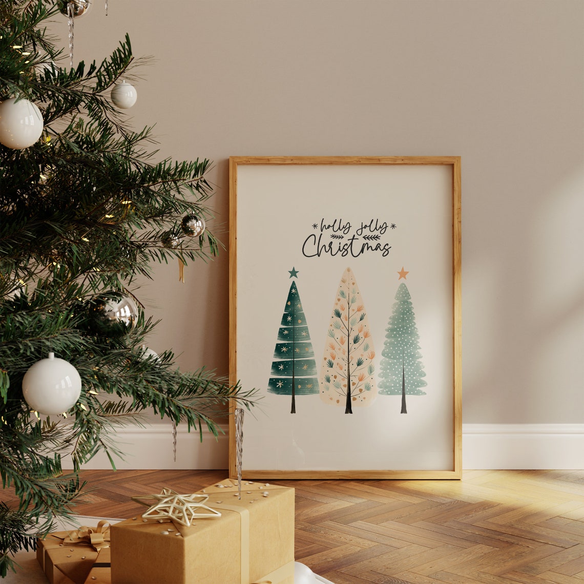 Holly Jolly Christmas Three Scandinavian Style Trees Holiday Poster - Image 4