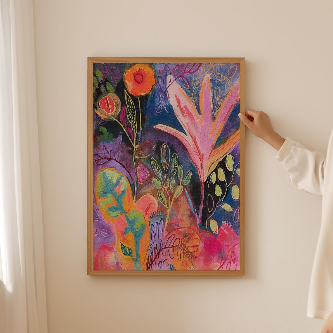 Dark Botanical Abstract Painting Poster with Orange Poppies on Navy - Image 4