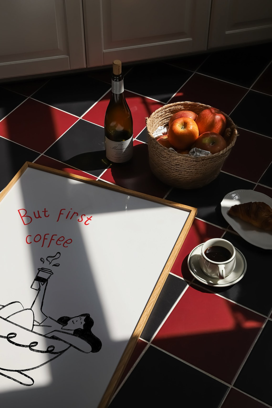 But First Coffee Woman Relaxing in a Coffee Cup Line Drawing Poster - Image 3