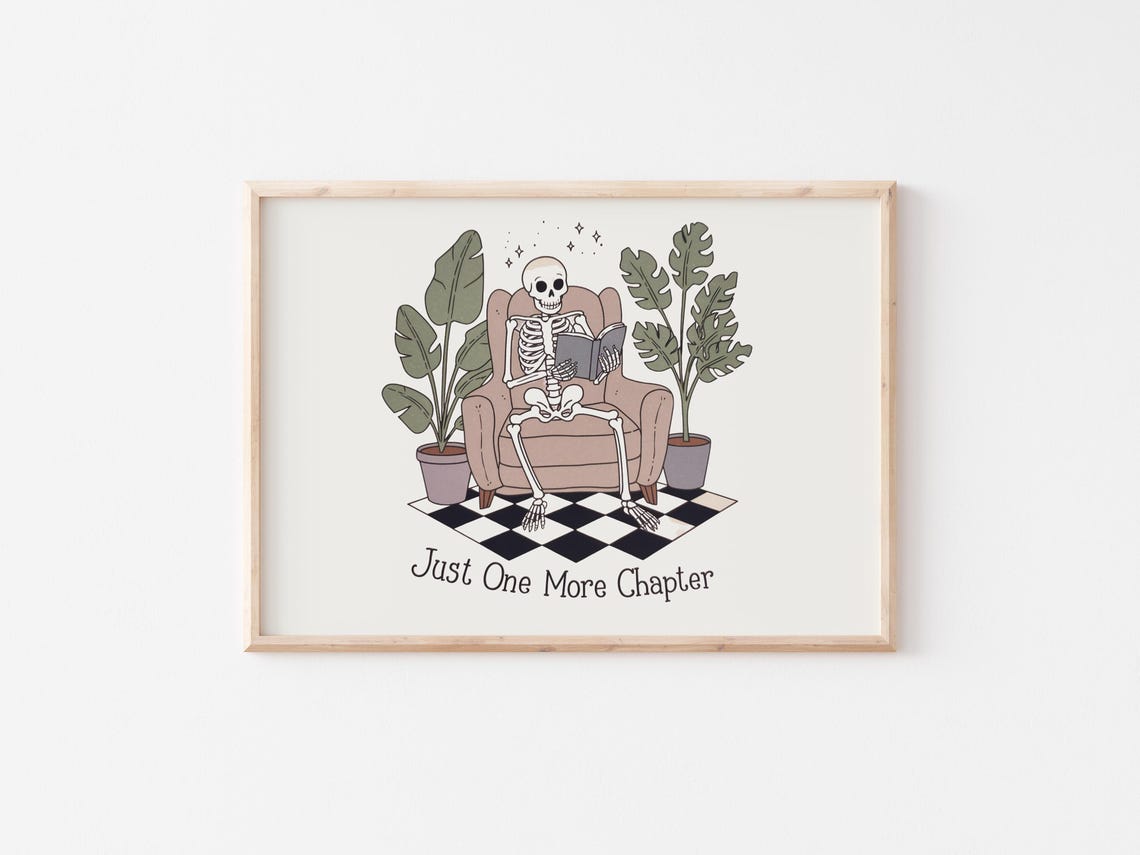 Just One More Chapter Reading Skeleton Cozy Bookish Halloween Poster - Image 3