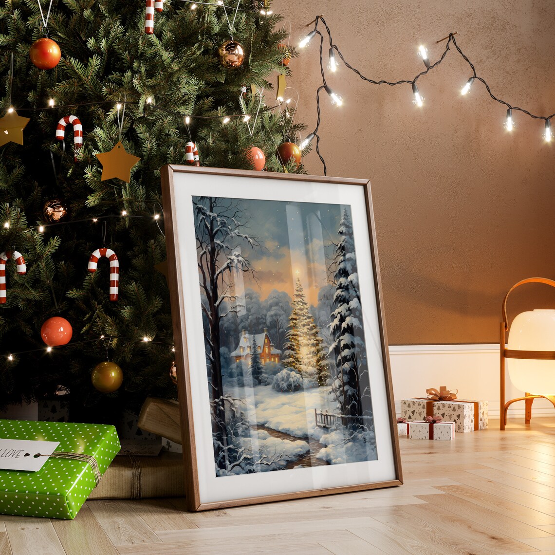 Snowy Christmas Village With Glowing Tree Vintage Oil Painting Poster - Image 3
