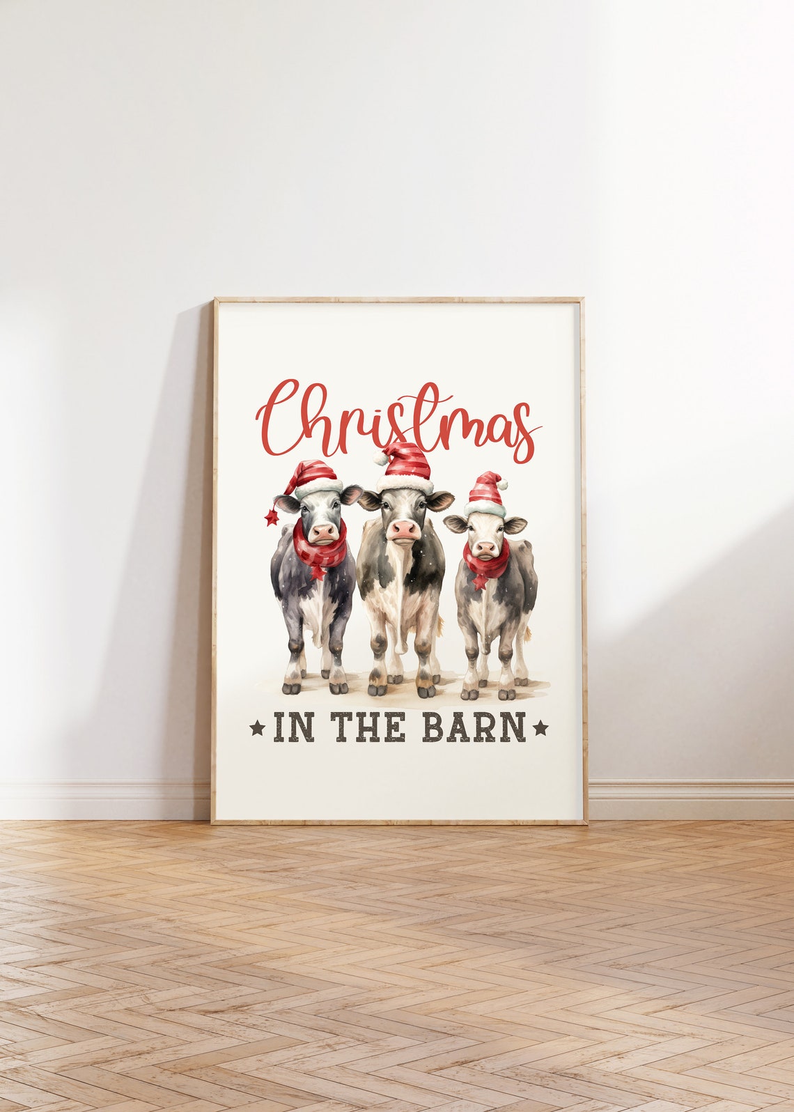 Christmas In The Barn Three Cows In Santa Hats Farmhouse Poster - Image 2