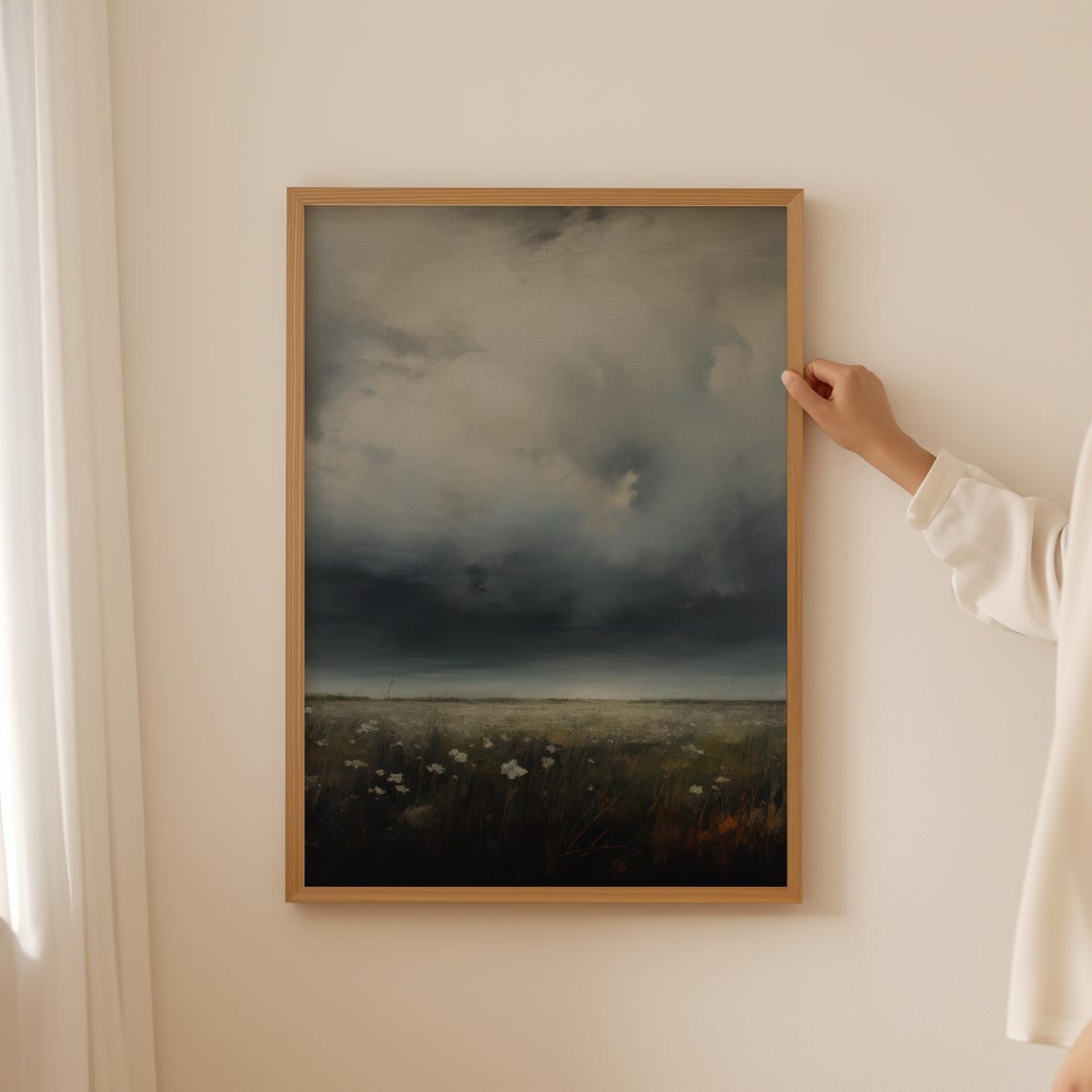 Dark Stormy Sky Looming Over Wildflower Meadow Landscape Print - Image 3