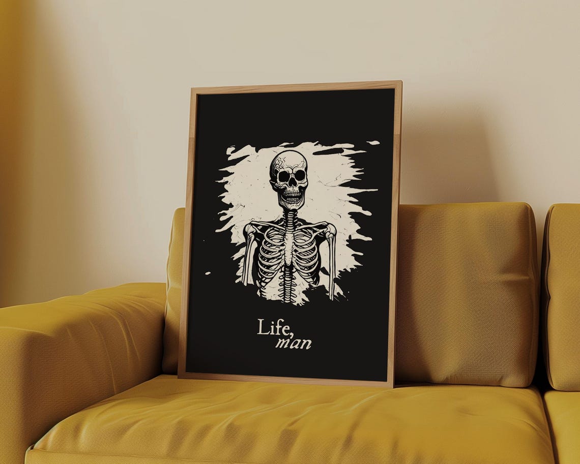 Life Man Skeleton Quote Black And White Minimalist Halloween Poster - Image 3