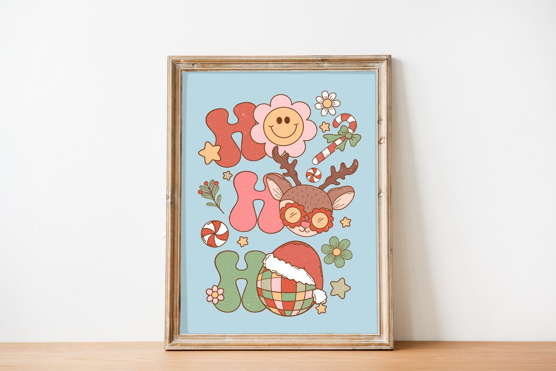 Ho Ho Ho Retro Christmas Reindeer Disco Ball Smiley Party Print - Image 2