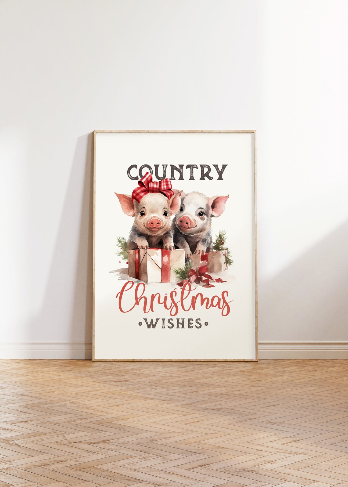 Country Christmas Wishes Two Piglets With Gifts Farmhouse Poster - Image 2