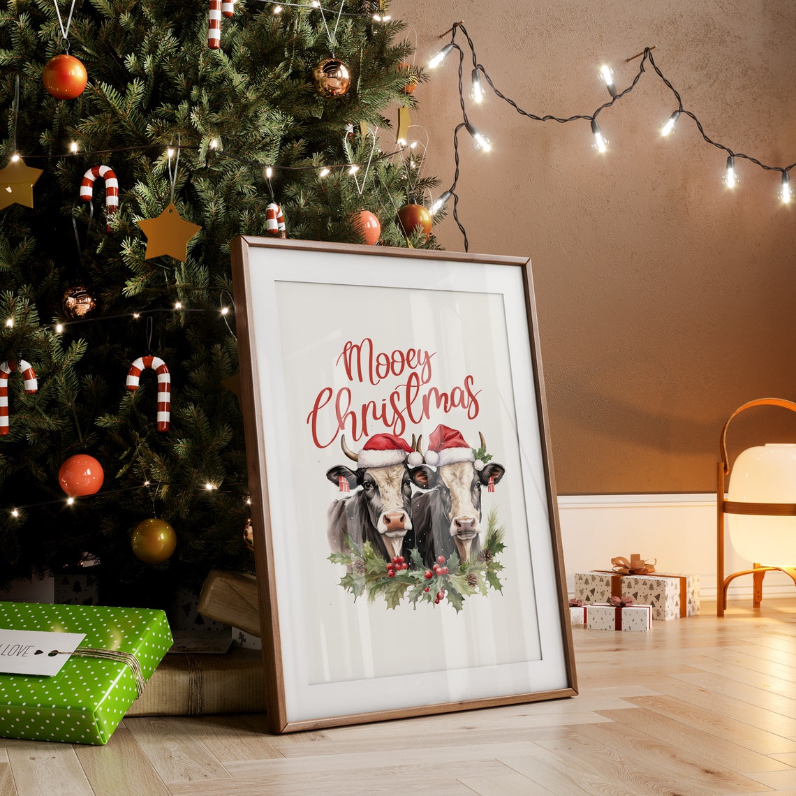 Mooey Christmas Two Cows In Santa Hats With Holly Farmhouse Poster - Image 3