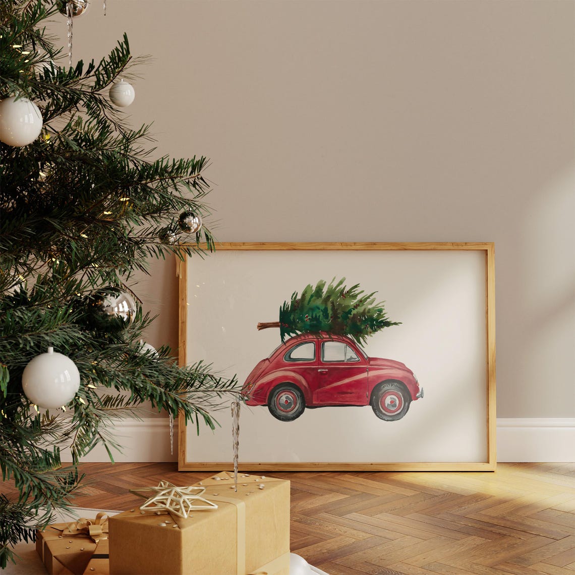 Vintage Red Beetle Car Carrying Christmas Tree Holiday Poster - Image 5