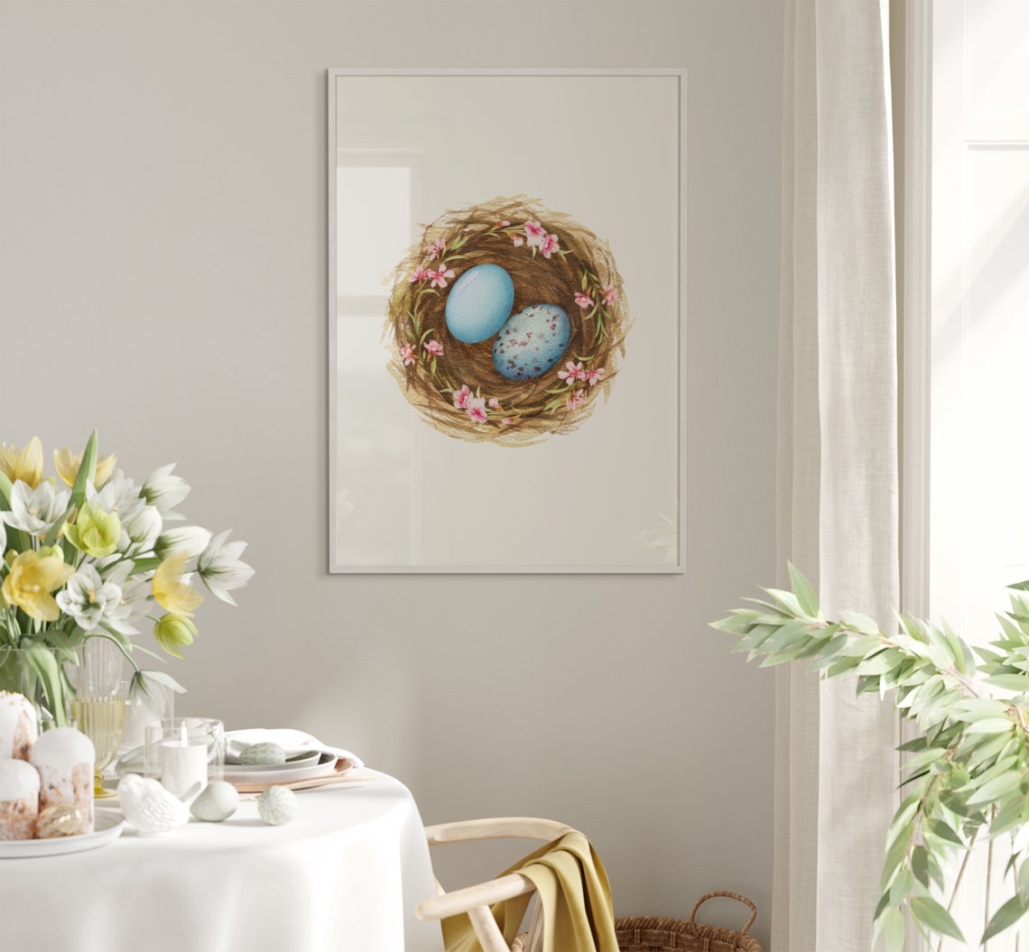 Two Bluebird Eggs In Pink Blossom Nest Watercolor Spring Poster - Image 5