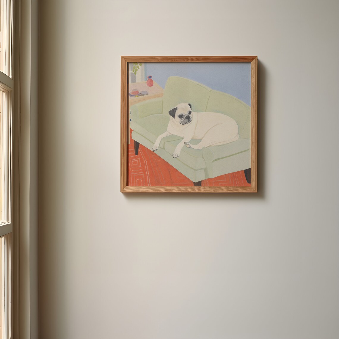 White Pug Resting on Mint Armchair Poster with Coral Rug Detail - Image 3