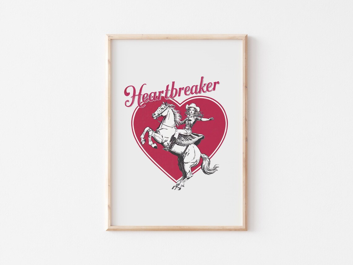 Heartbreaker Cowgirl Riding Horse Retro Pink Heart Valentine Poster - Image 2