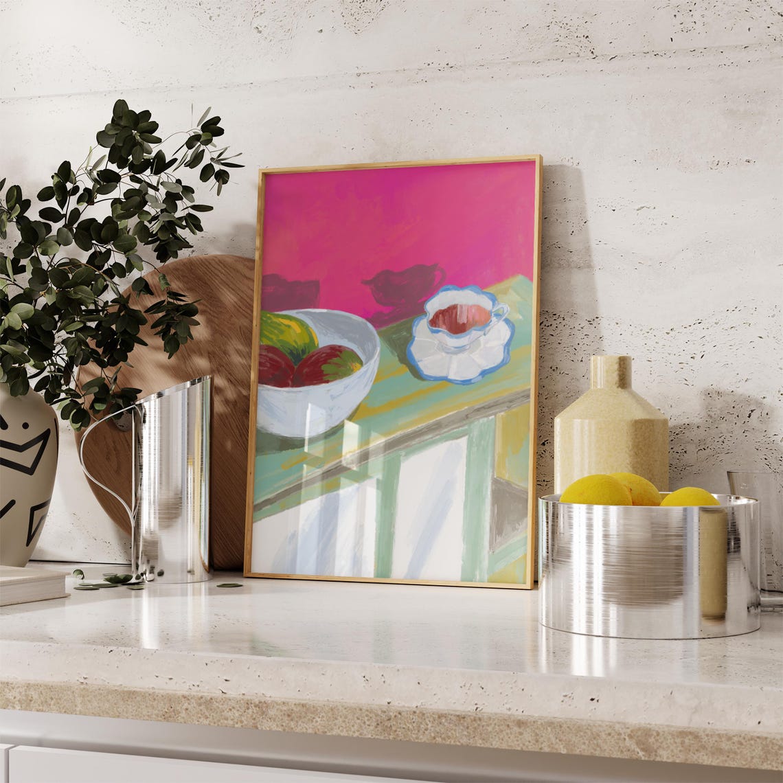 Still Life Fruit Bowl And Teacup Hot Pink Modern Kitchen Poster - Image 4
