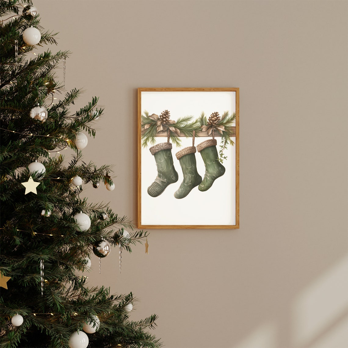 Rustic Green Christmas Stockings Watercolor Pine Branch Poster - Image 2
