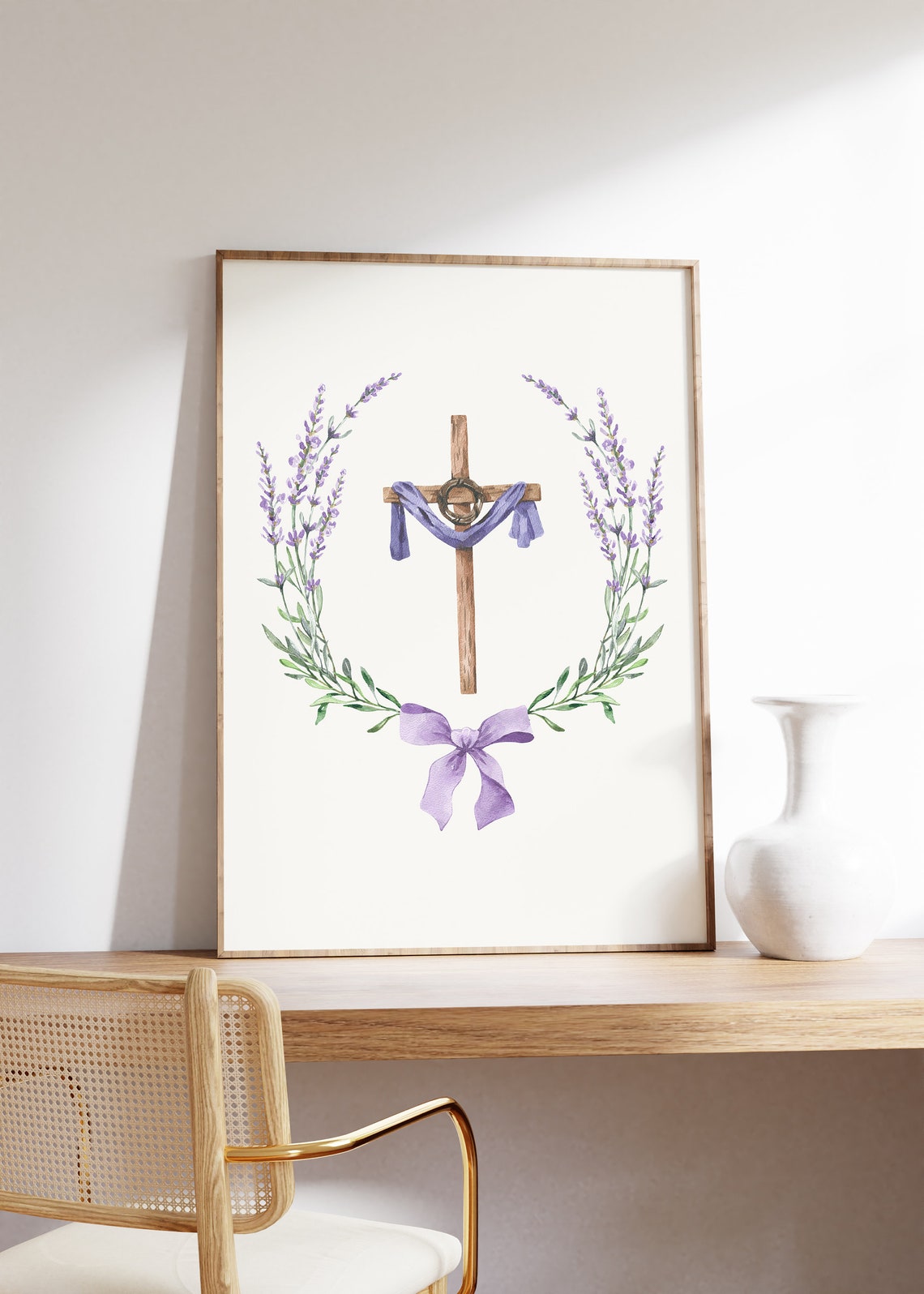 Wooden Cross With Lavender Wreath Purple Christian Easter Poster - Image 4