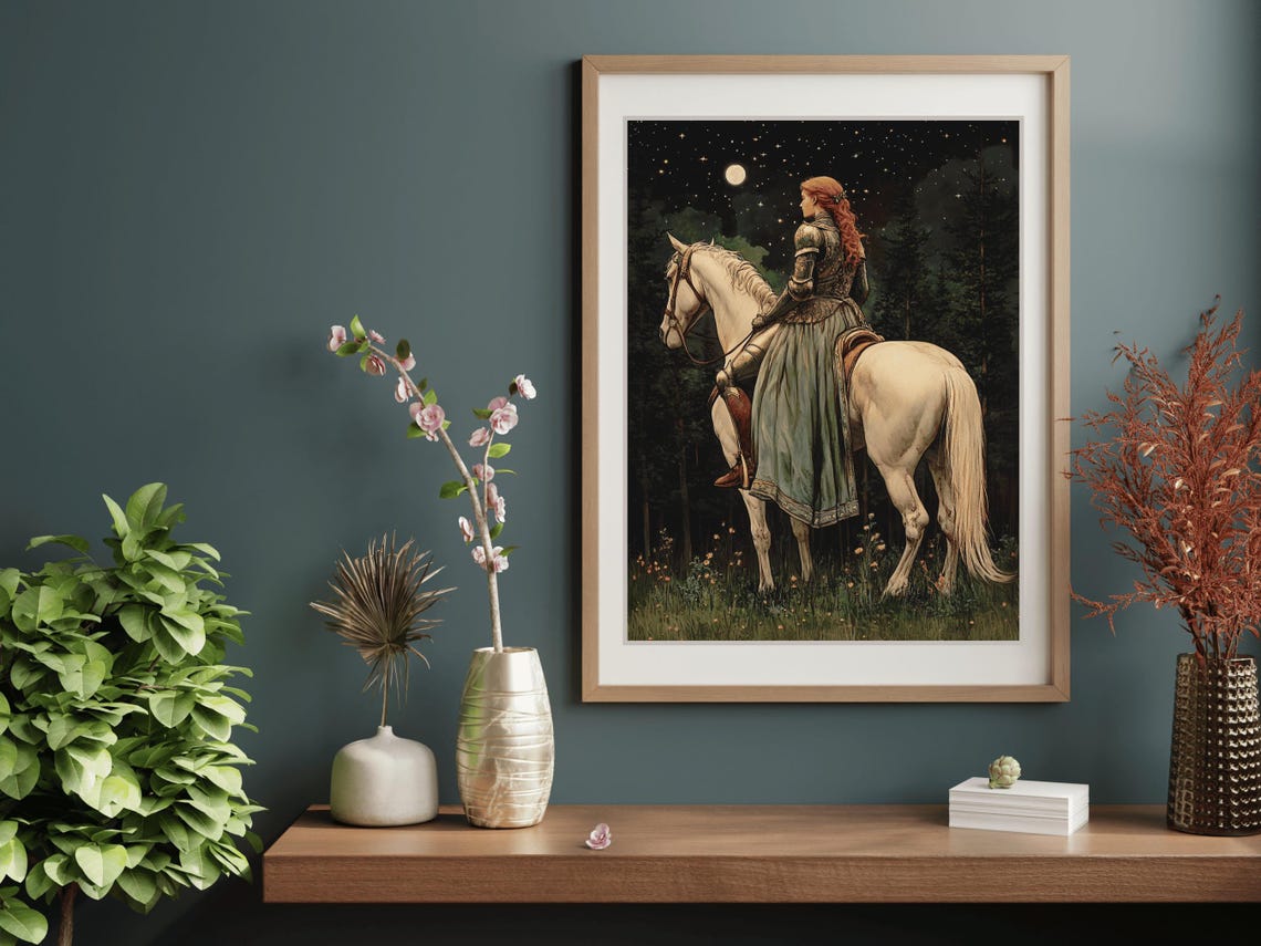 Lady Knight On White Horse Under Starry Moonlit Forest Sky Poster - Image 5