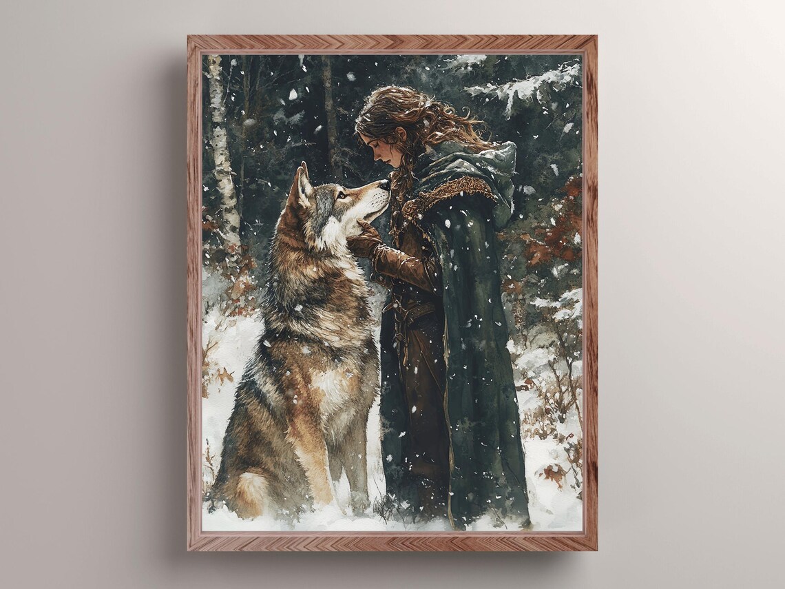 Lady Warrior And Wolf In Snowy Forest Dark Fantasy Watercolor Wall Art