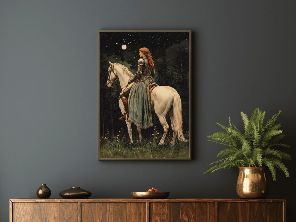 Lady Knight On White Horse Under Starry Moonlit Forest Sky Poster - Image 4
