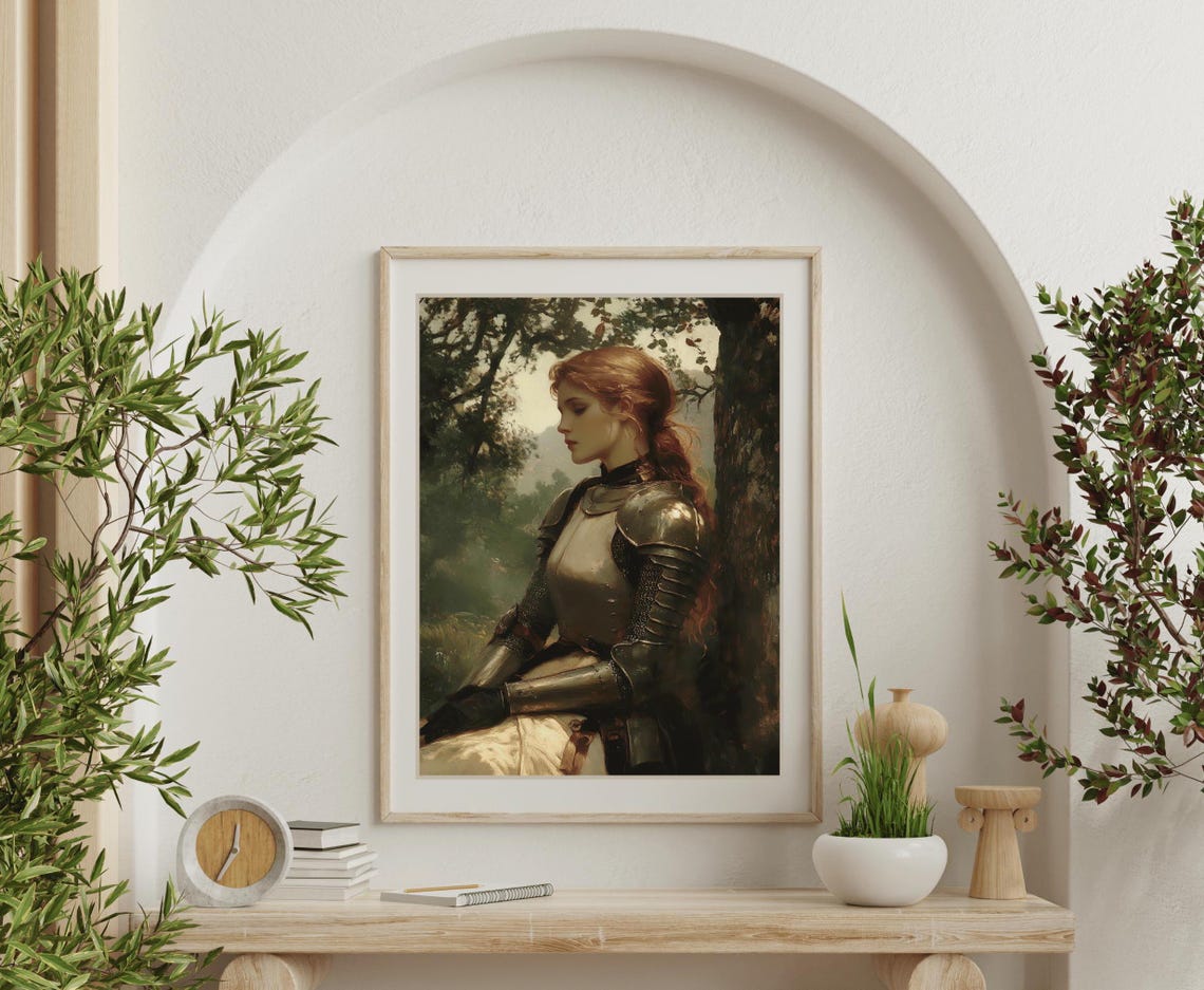 Armored Lady Knight Resting Against Ancient Tree In Forest Wall Art - Image 6