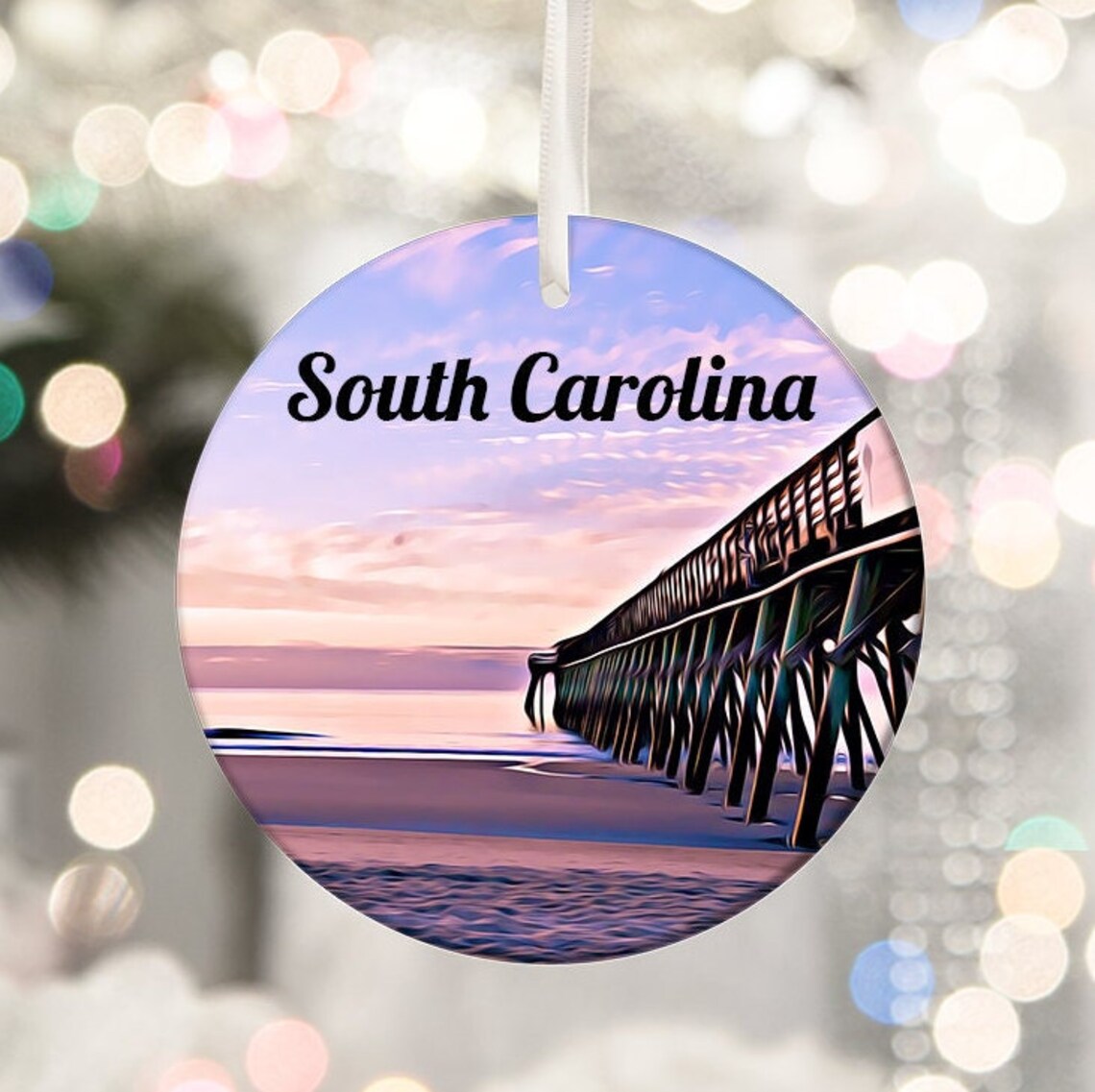 Dreamy South Carolina Beach Pier Pink Sunset Ocean Round Keepsake Print