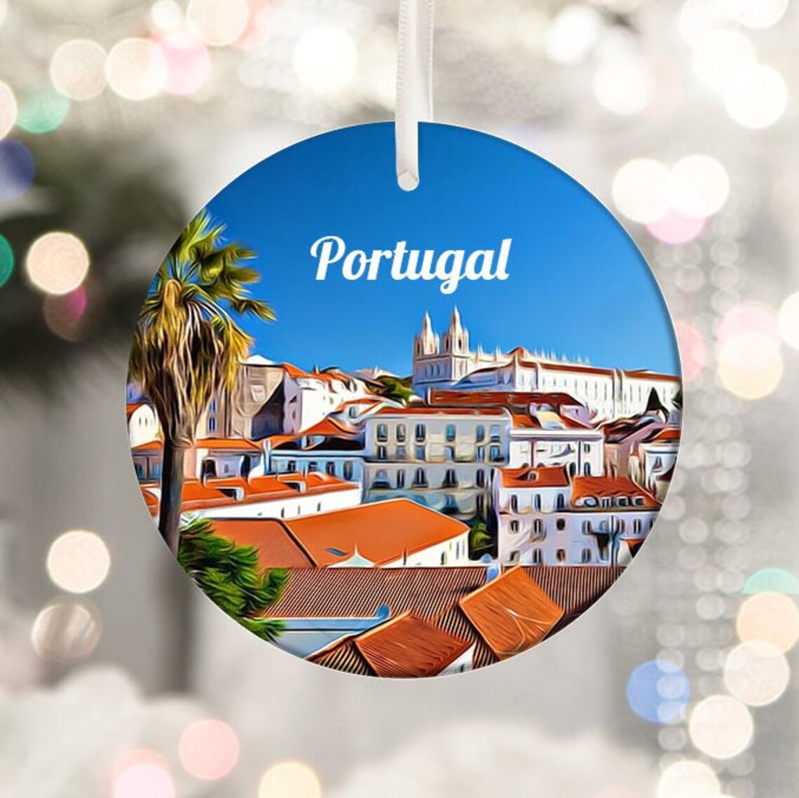 Portugal Round Ornament Painted Red Rooftop Old Town Keepsake Print