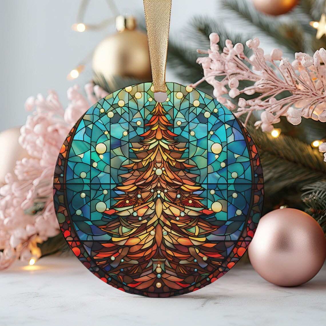 Amber Christmas Tree Stained Glass Holiday Ornament Poster Art