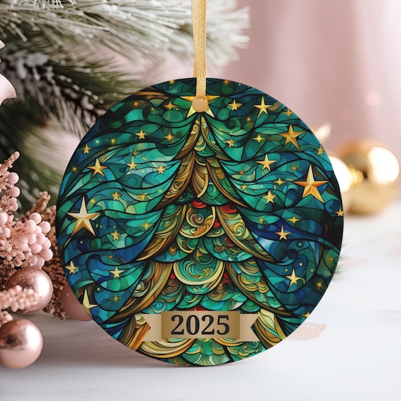 2025 Teal Stained Glass Christmas Tree Ornament Print Golden Stars Keepsake