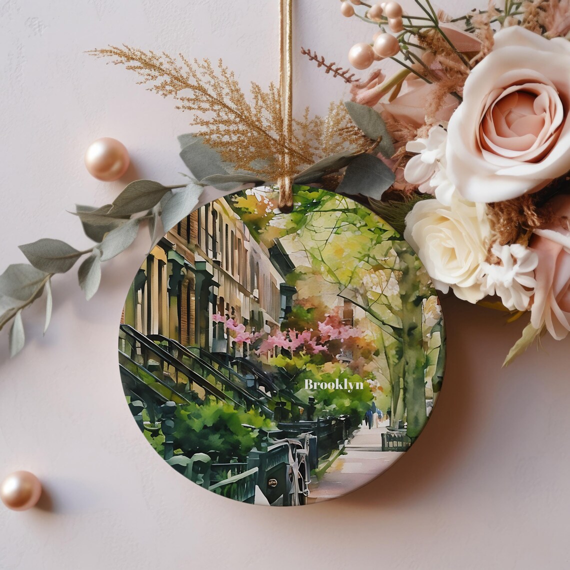 Brooklyn New York Watercolor Brownstones Christmas Ornament Print