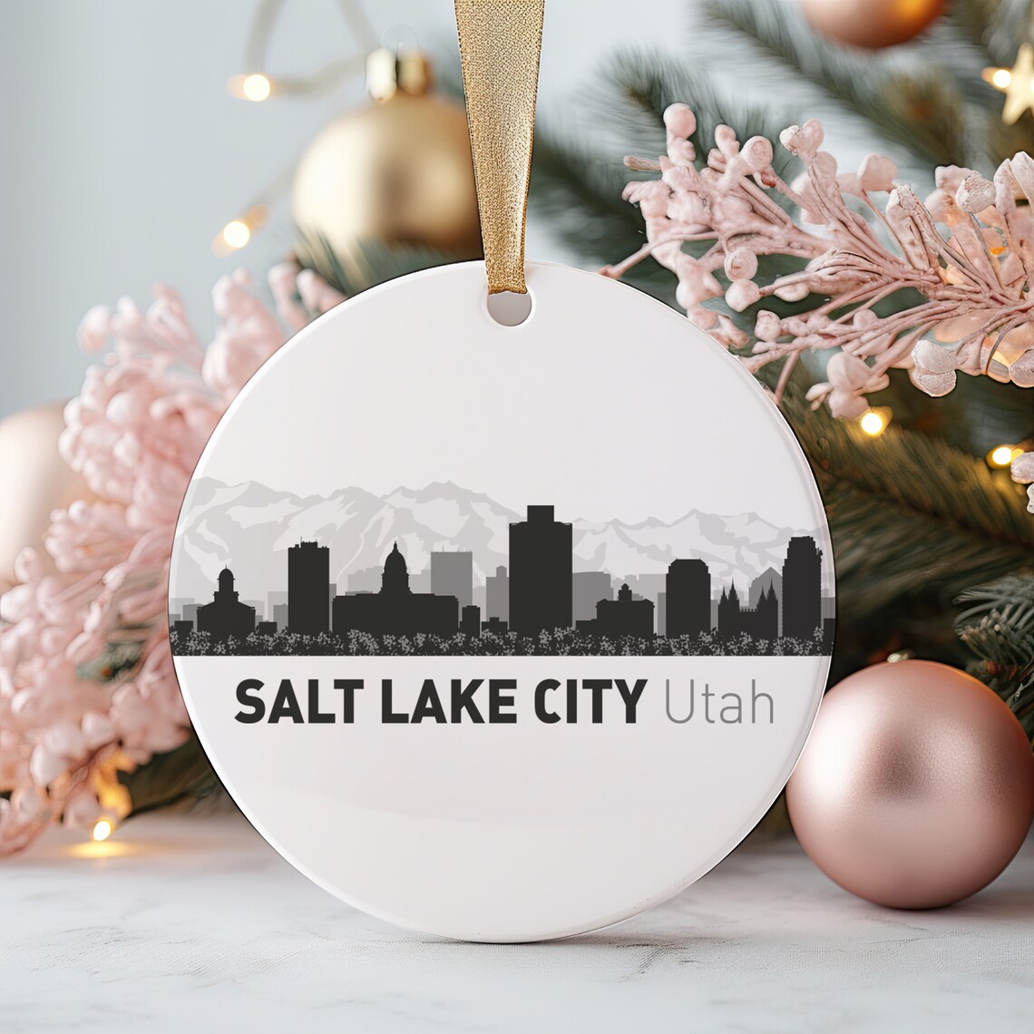 Salt Lake City Utah Skyline Round Ceramic Christmas Ornament Print