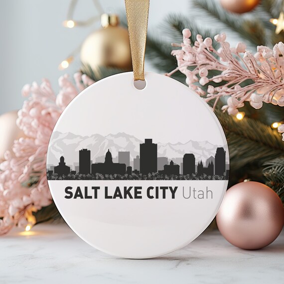 Salt Lake City Utah Skyline Round Ceramic Christmas Ornament Print