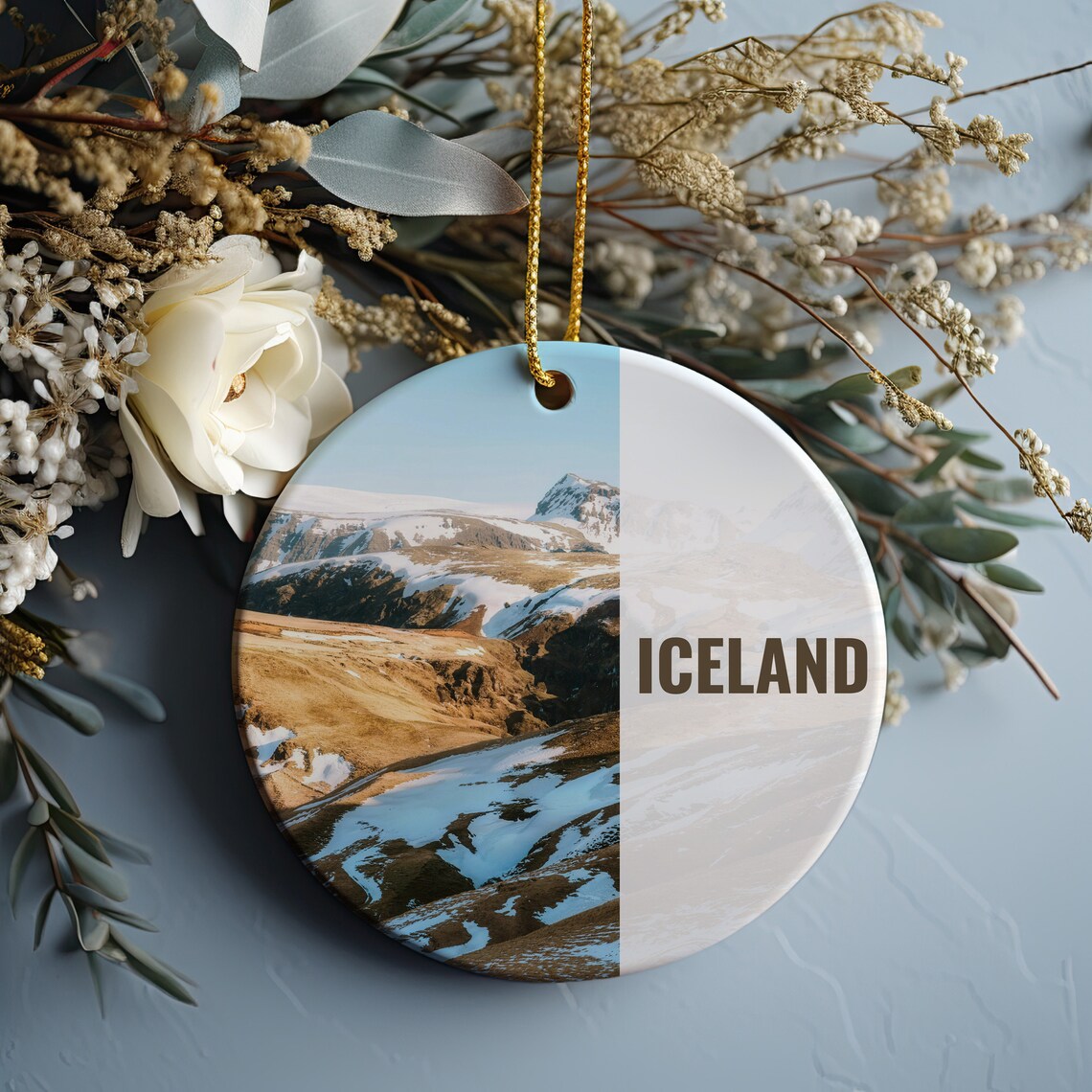 Iceland Snowy Mountains Round Christmas Ornament Travel Print
