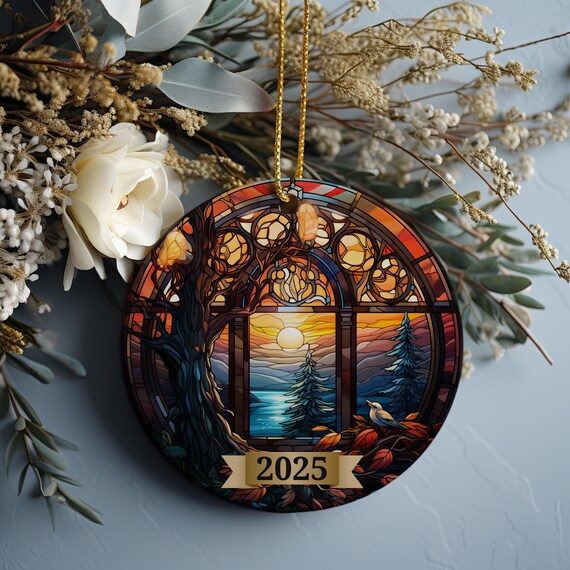 2025 Stained Glass Autumn Sunset Ornament Print Forest Holiday Keepsake