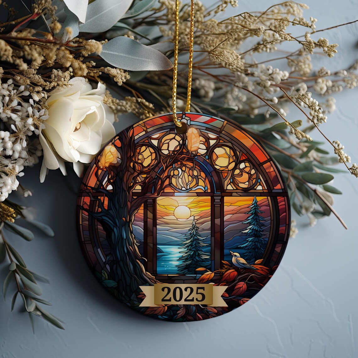 2025 Stained Glass Autumn Sunset Ornament Print Forest Holiday Keepsake