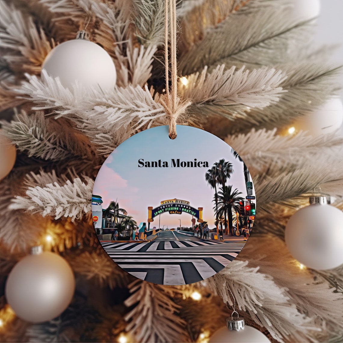 Santa Monica Pier Christmas Ornament California Travel Gift Print