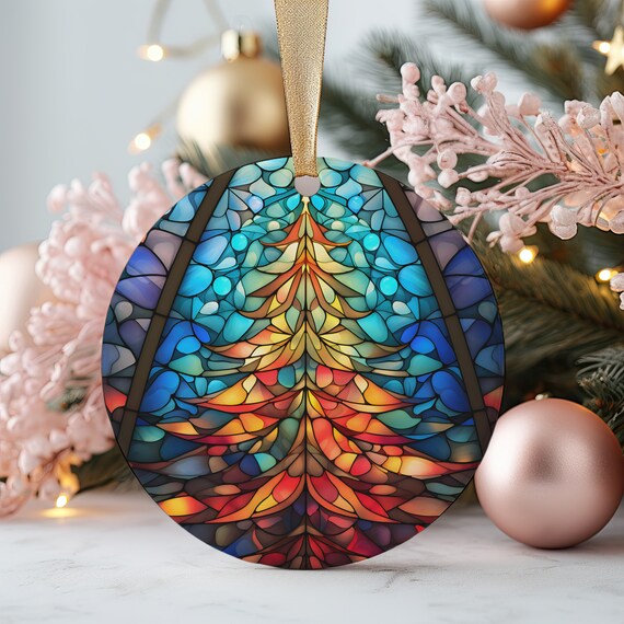 Blue Mosaic Stained Glass Pine Tree Round Ornament Art Print