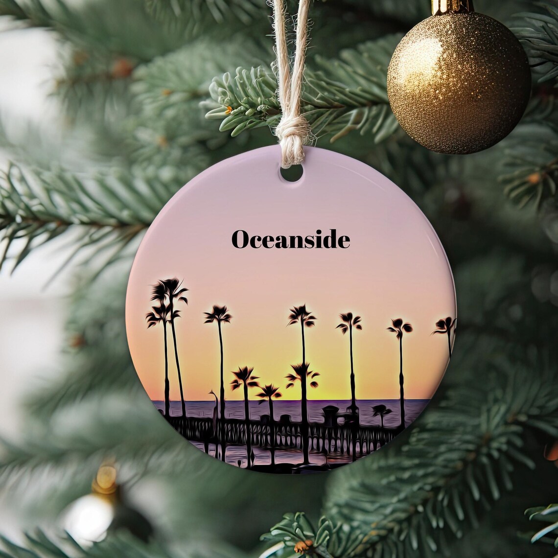 Oceanside California Sunset Palms Pier Round Christmas Ornament Gift Poster