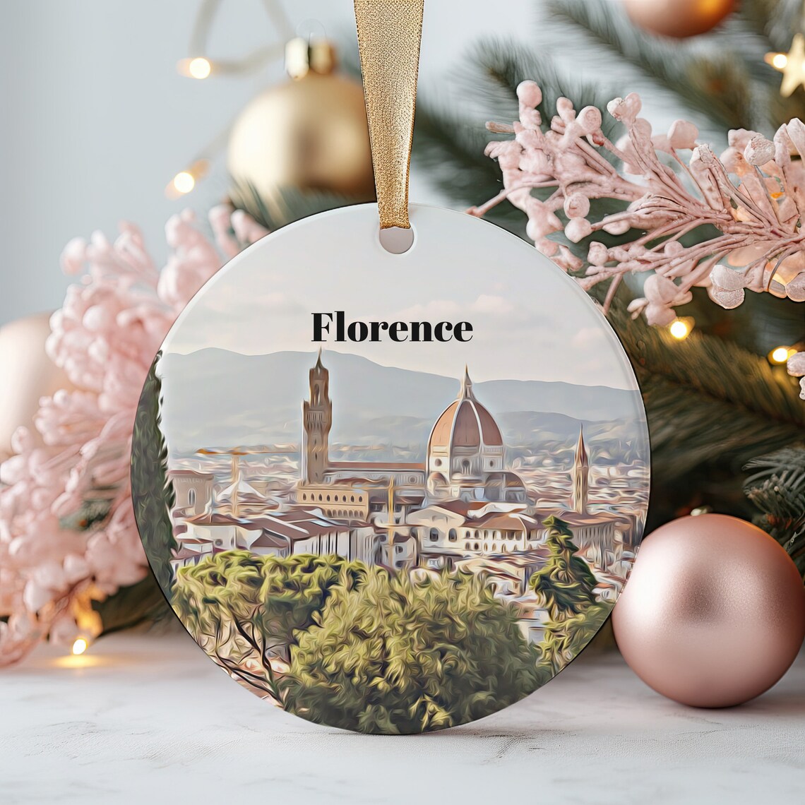 Florence Italy Duomo Skyline Round Christmas Ornament Travel Poster