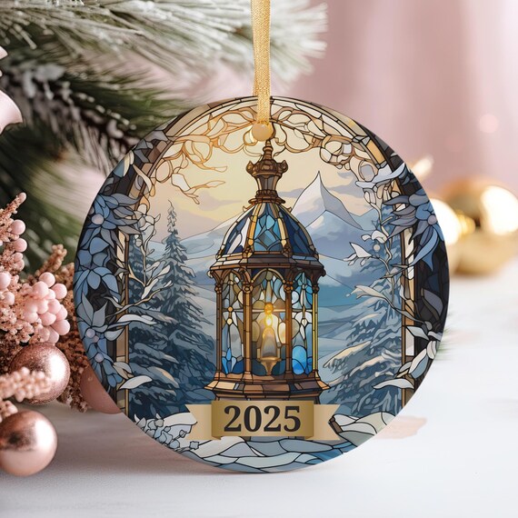 Glowing Winter Lantern Stained Glass 2025 Christmas Poster Art