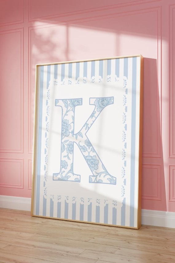 Floral Letter K Blue Stripe Border Initial Monogram Wall Art
