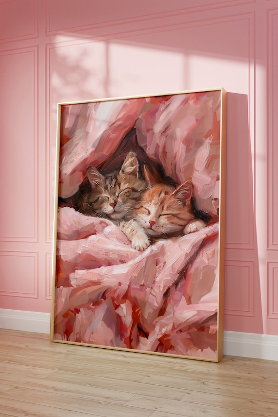 Two Sleeping Kittens Snuggled Under a Pink Blanket Oil Poster