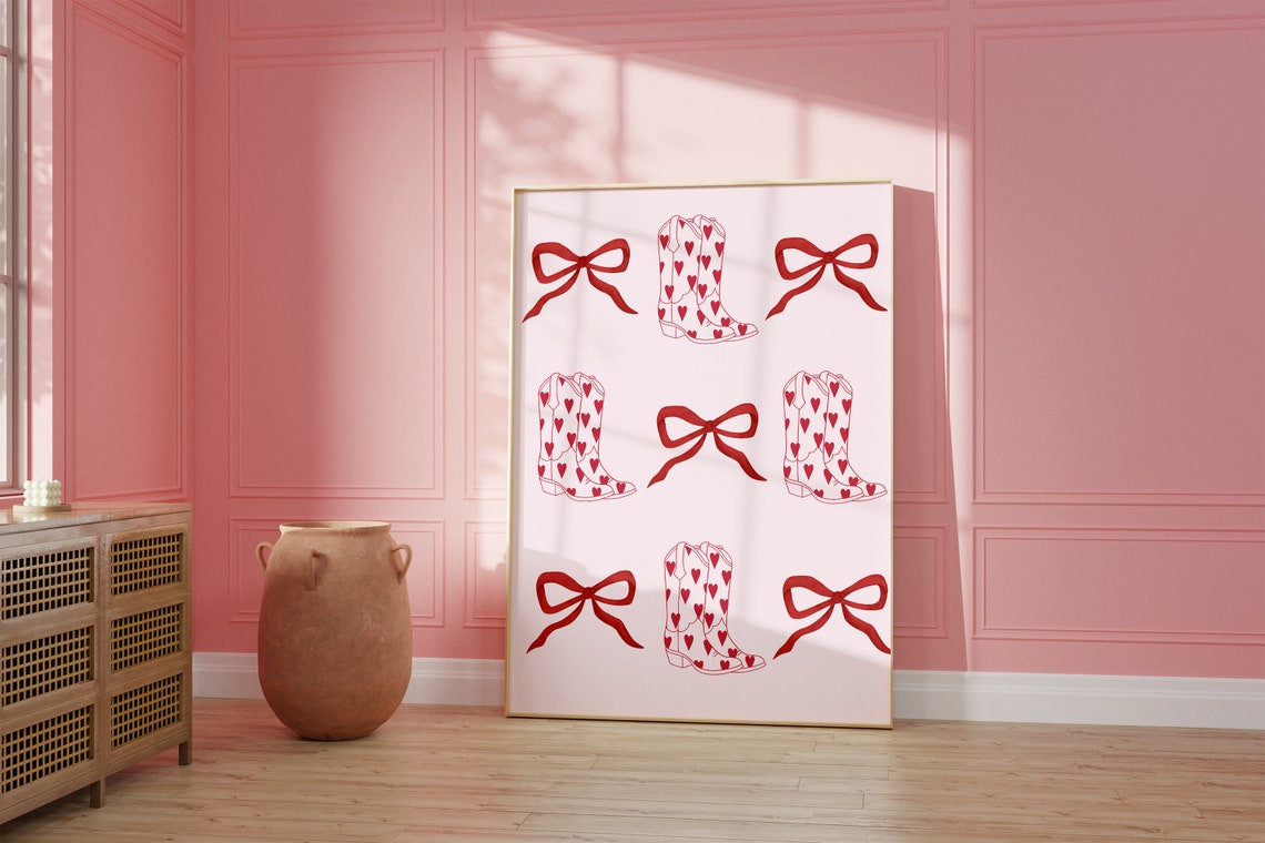 Red Heart Cowboy Boots And Ribbon Bows Coquette Pattern Poster - Image 2