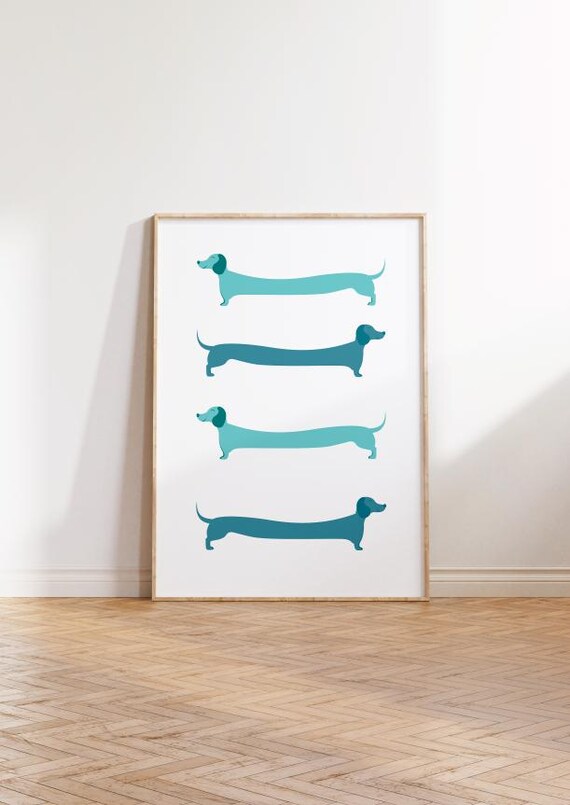 Blue Dachshund Silhouettes Minimalist Modern Dog Lover Wall Poster