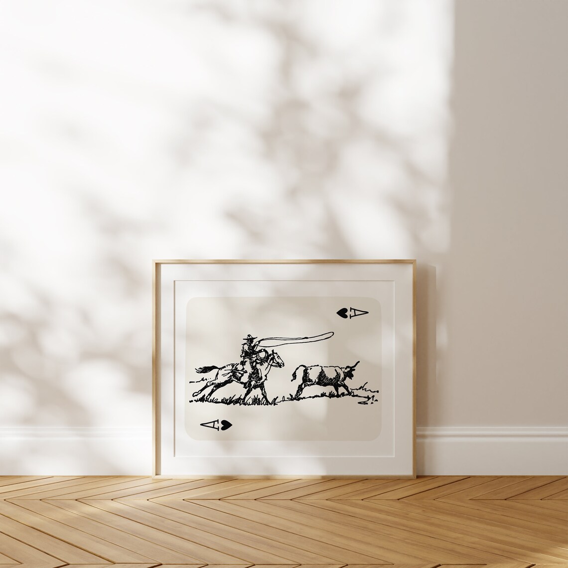Ace Of Hearts Cowboy Roping Calf Vintage Line Drawing Poster