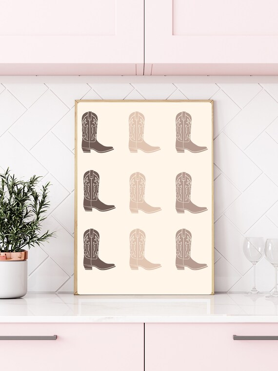 Neutral Cowboy Boots Grid Nine Pairs Minimalist Western Decor Poster