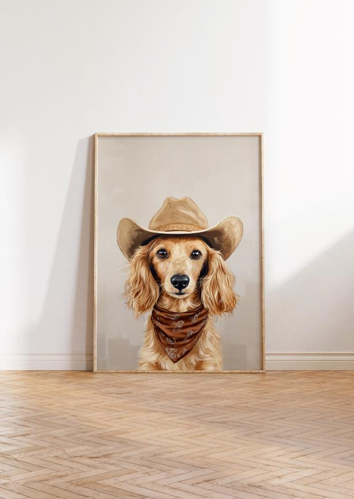 Cream Longhaired Dachshund in Cowboy Hat Rustic Western Art Poster - Image 2