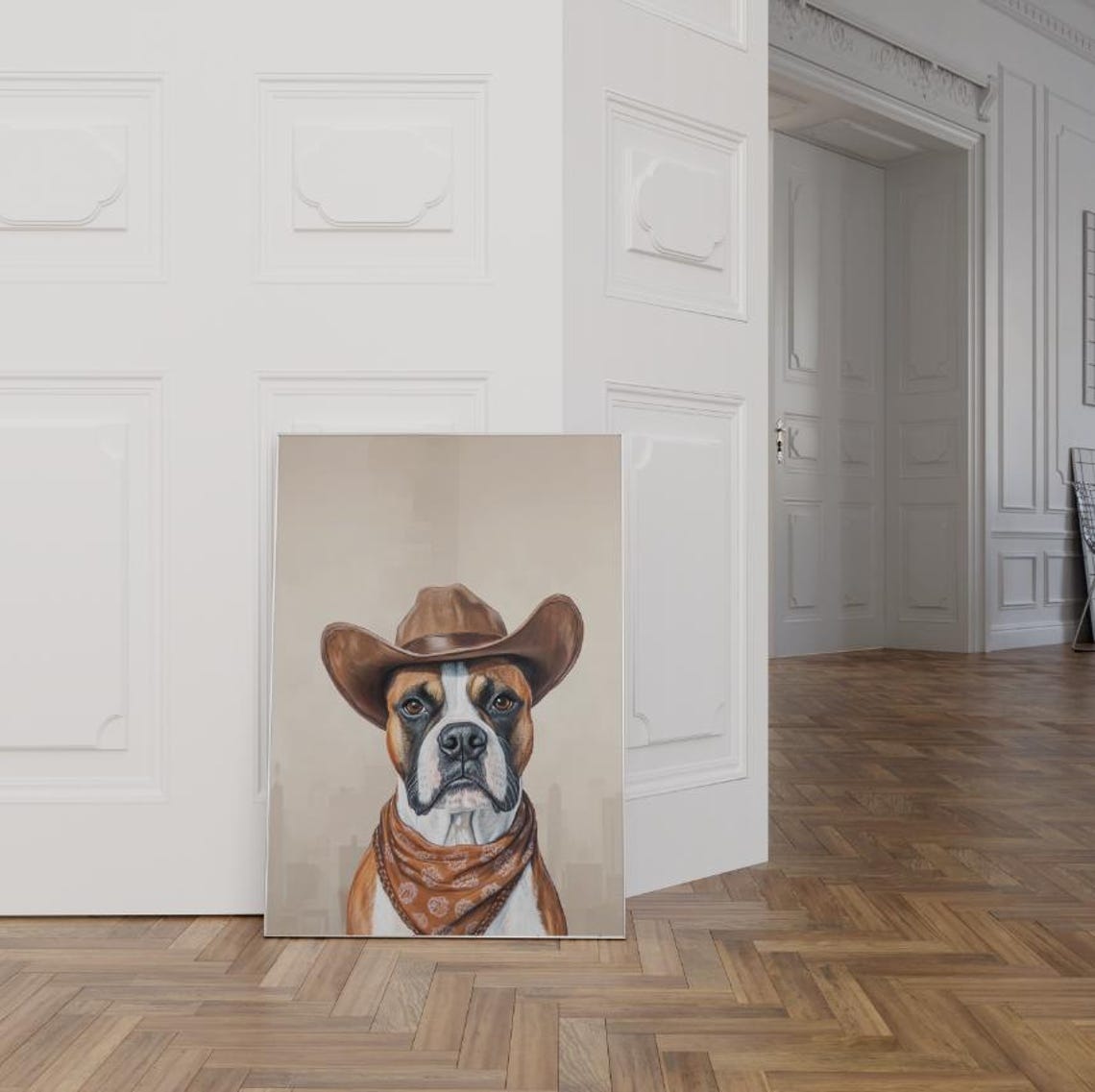 Boxer Dog in Cowboy Hat Neutral Rustic Western Art Portrait Poster
