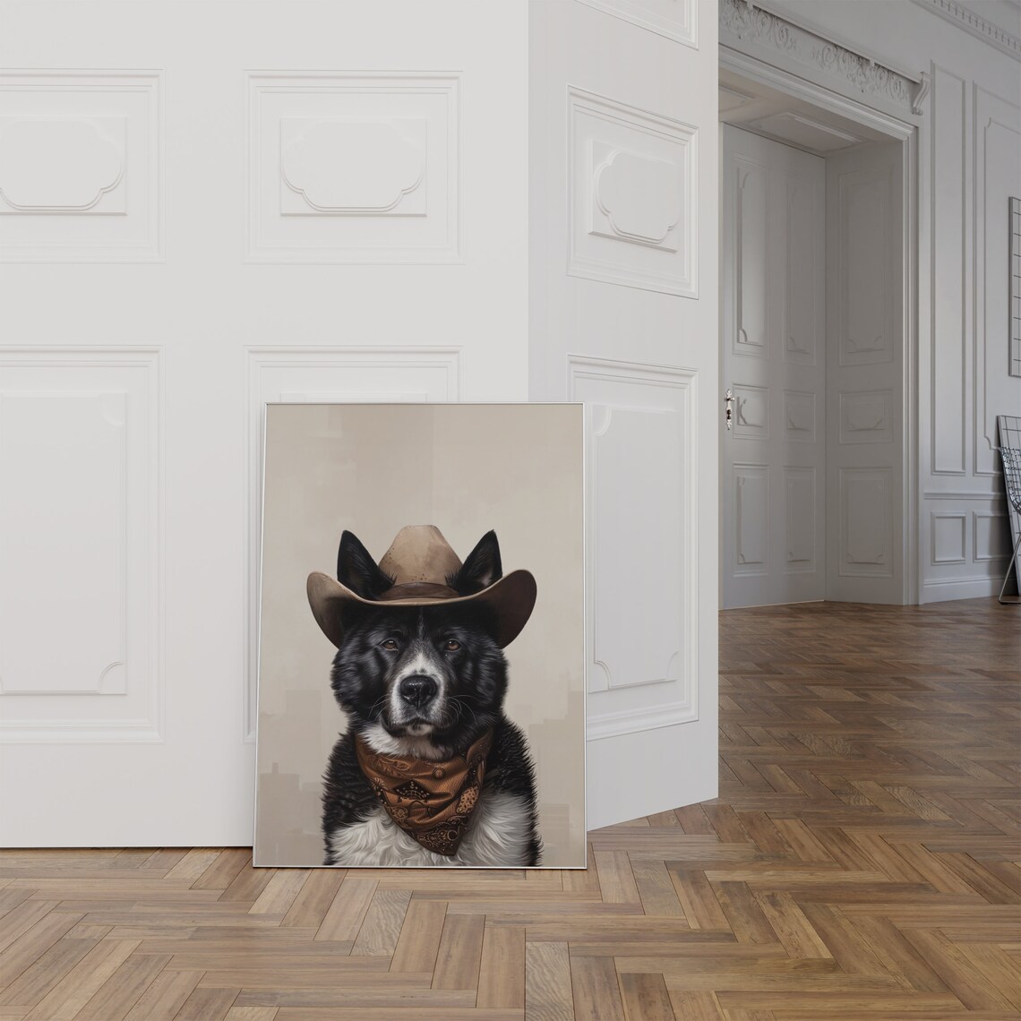 Black Mixed Breed Dog in Cowboy Hat Neutral Western Art Poster