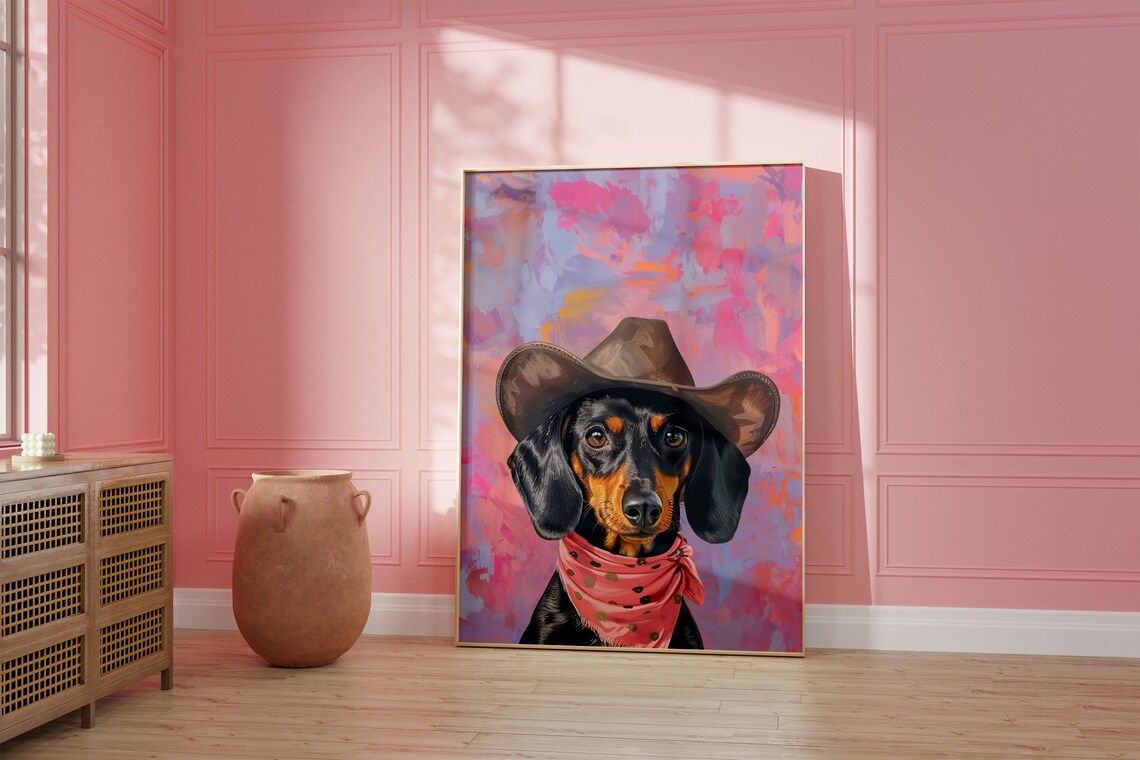 Dog Cowgirl Hat Vintage Art Print, Western Style