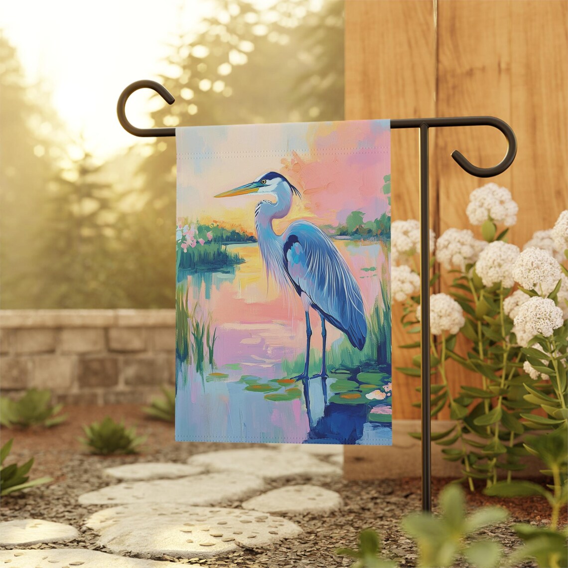 Colorful Heron Garden Banner, Vibrant Bird Art Print