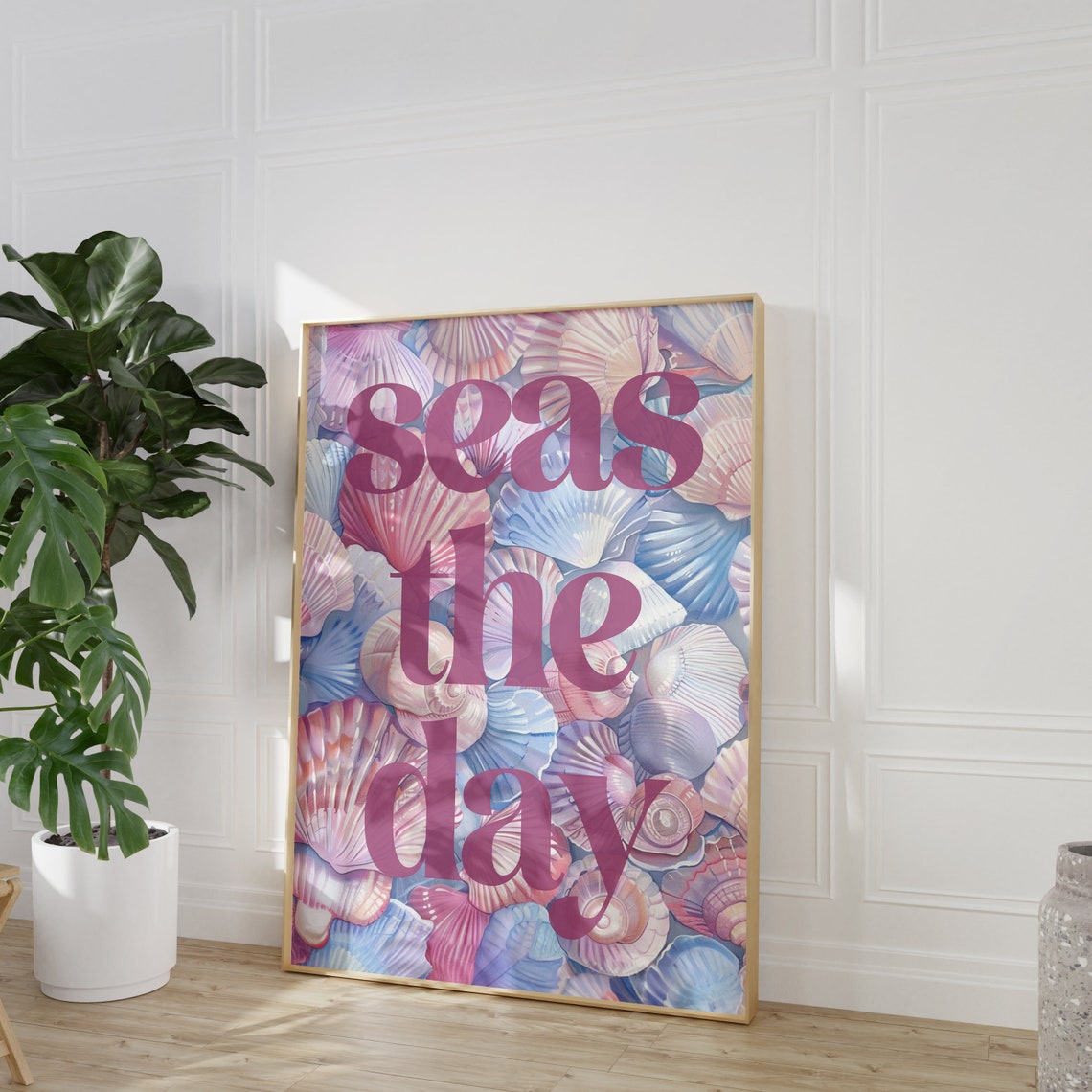 Pastel Seashell Collage Seas the Day Coastal Typography Poster