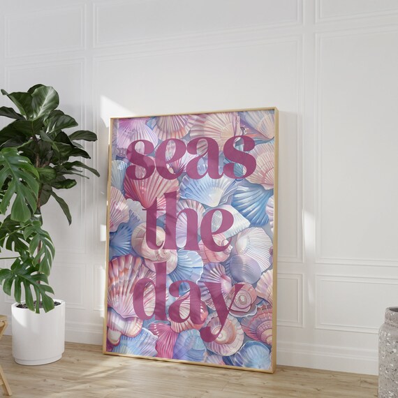 Pastel Seashell Collage Seas the Day Coastal Typography Poster